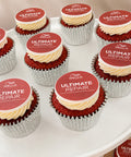 red velvet flavour branded cupcakes with edible logo disc for product launch