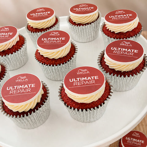 red velvet flavour branded cupcakes with edible logo disc for product launch