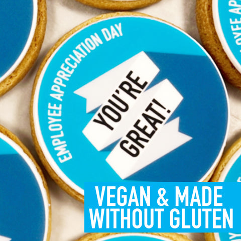 free from vegan and gluten free biscuit with employee appreciation message