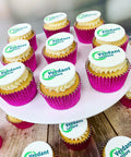 pink logo branded cupcakes