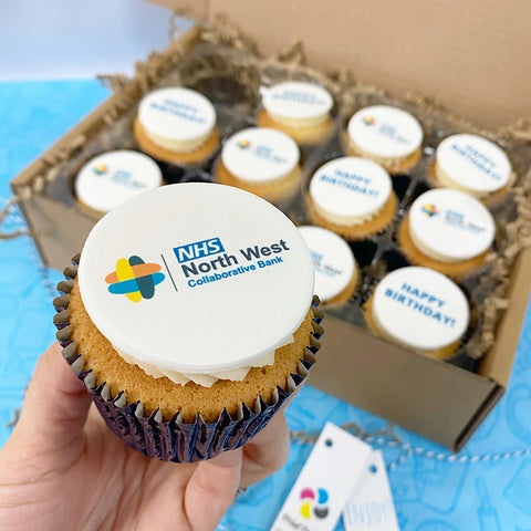 box of logo cupcakes