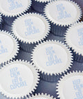 Cupcakes with "Keep Calm and eat a cupcake" printed on top in blue
