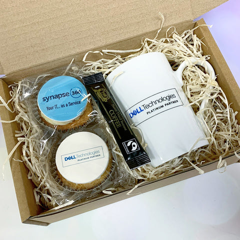 branded mug with coffee and cake gift