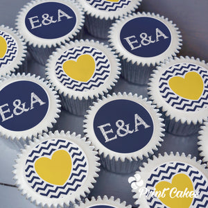 Chevron cupcakes with bride and groom initials for engagement or wedding