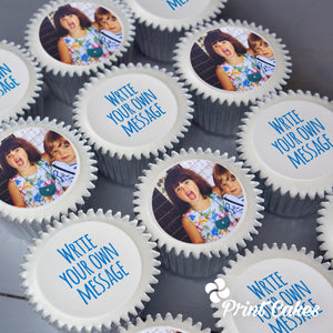 Personalised edible printed cupcake photo and message toppers. Delivered in the UK