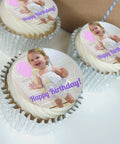Personalised photo cupcake with happy birthday message next to gift box
