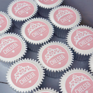 Personalised princess themed cupcakes for parties or gifts. Delivered in the UK.