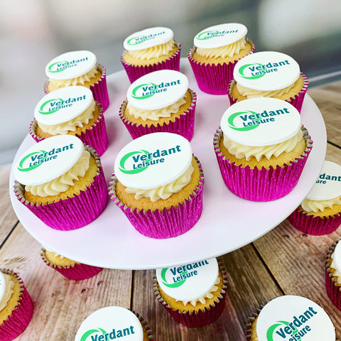 pink logo branded cupcakes
